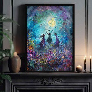 Hexenzirkel in Wildblumen Wand Kunst | Abstraktes gruseliges gotisches Halloween | Vollmond Mitternacht Zauberwald | Gerahmt oder Ungerahmt