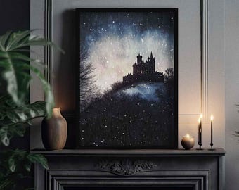 Vampire Castle in Snow Art Print | Spooky Gothic Wall Decor | Abstract Halloween Castle | Haunted Mansion Home Decor | Framed or Unframed