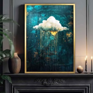 Golden Rain Cloud Wall Art Print | Abstract Minimalist Gold & Teal Blue Sky Poster | Relaxing Tranquil Maximalist Decor | Framed or Unframed