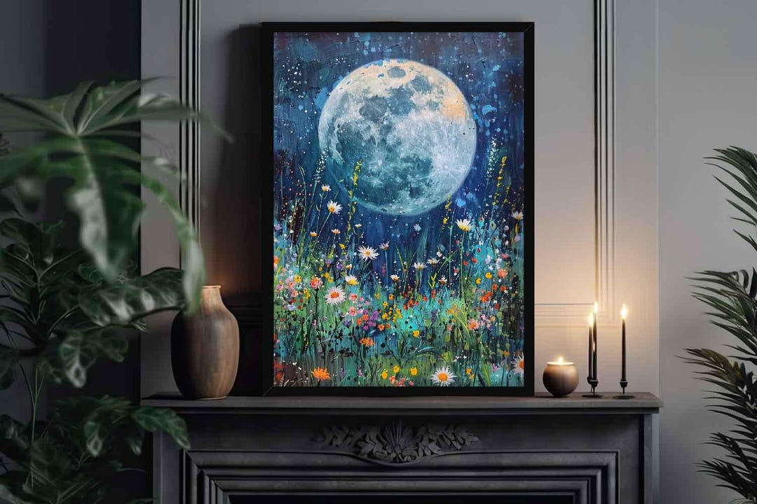 Full Moon Above Wildflowers Wall Art Print | Colourful Fairycore Nature ...