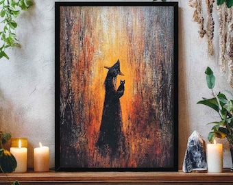 Witch and Black Cat Wall Art Print | Gothic Silhouette Painting with Dark Forest & Orange Glow | Mystical Halloween Witchy Home Decor Poster
