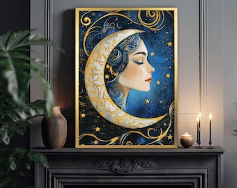 Selene Goddess Wall Art Print | Celestial, Ethereal Woman with Moon & Stars | Greek Mythology Art Deco Abstract Poster | Framed or Unframed