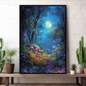 Enchanted Mushroom Forest Wall Art Print | Magical Colorful Wildflowers and Full Moon | Whimsical Fantasy Nature Decor | Framed or Unframed