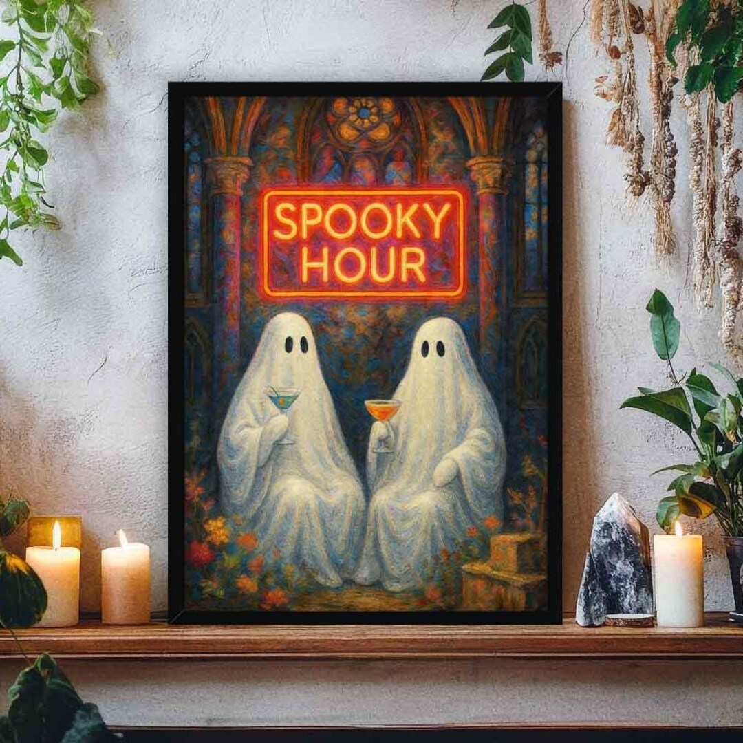 Spooky Hour Wall Art Print | Gothic Ghosts With Cocktails and Neon Sign ...