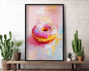 Pink Donut Wall Art Print | Abstract Rainbow Sprinkle Dessert Poster | Colourful Kitchen Decor | Foodie Lover Art Gift | Framed or Unframed