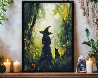Witch and Black Cat Wall Art Print | Gothic Silhouette in Green Enchanted Forest Abstract Painting Style | Mystical Halloween Witchy Decor