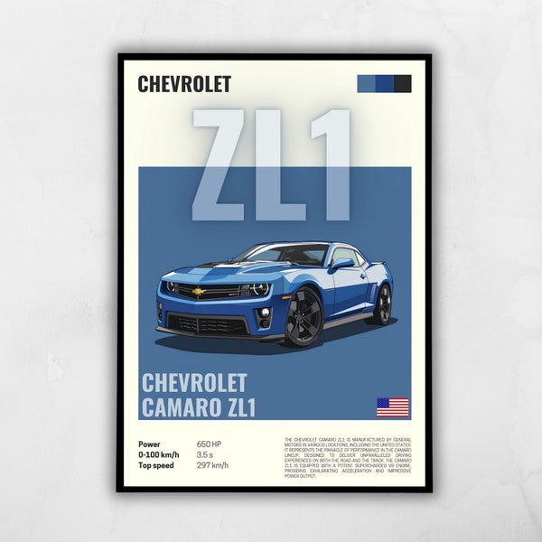 Chevrolet Camaro ZL1 poster gift for car guy, Car poster wall art digital download, Chevrolet print, modern automotive car decor, garage art