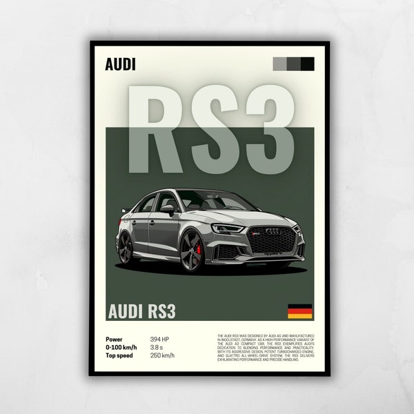 Audi RS3 wall art gift for car guy, Car poster digital download, minimal Audi poster print, modern automotive car decor, garage art