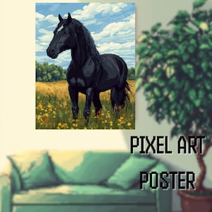 Pixelated Black Horse Poster Pixelated Artwork Retro Pixel Art Animal Print Majestic Stallion Wall Decor for Nature and Horse Lovers
