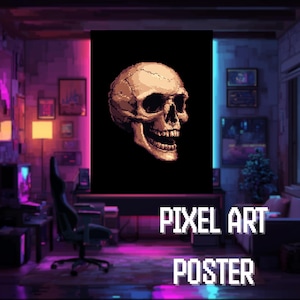 Korrelig schedel poster retro pixelart print, gotisch muurdecor, esthetische Halloween, griezelig kunstwerk voor donkere academische interieurs