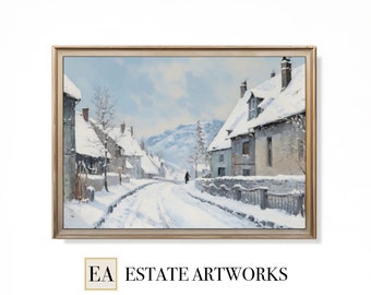May include: A painting of a snowy village street with houses on either side. The street is covered in snow and there is a single figure walking down the middle of the street. The sky is blue and there are clouds in the distance.