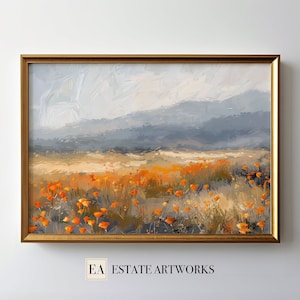 May include: A framed painting depicting a landscape with a field of orange poppies in the foreground and a hazy mountain range in the background.