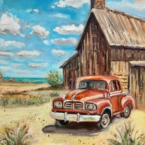 Farmhouse Red Truck Original Oil on canvas Painting Nature Rustic Country Retro Farm Landscape Home Office Decor Authentic Seaside Wall Art