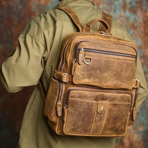 Mochila de oficina para hombre, mochila de cuero, mochila para computadora portátil, mochila de viaje, bolso de hombro de cuero de grano completo, mochila, cartera, regalo para él