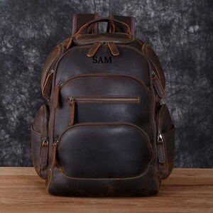 Mochila de cuero, mochila para computadora portátil, mochila para la escuela, bolso de hombro, bolso de viaje de grano completo, cartera, mochila, regalo personalizado para él