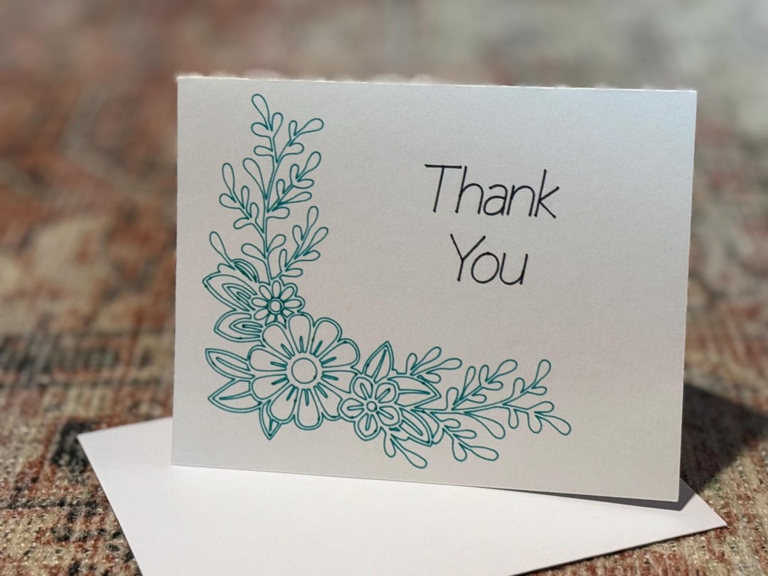 Flower Set of 10 Thank You Card Blank Inside With Turquoise Drawing Pen ...