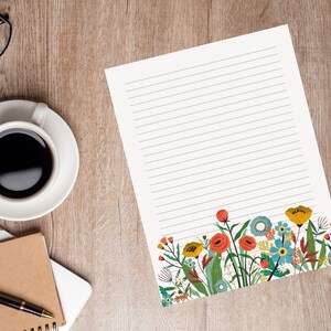 Bright Floral Stationery Set, Printable 8.5&quot; x 11&quot; Lined & Unlined, with Matching Slimline Envelope.  Instant Digital Download.