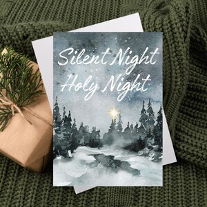 Silent Night, Holy Night, Printable Watercolor Forest 5x7 Greeting Card & Matching Envelope, Digital Download
