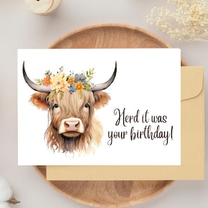 Rebanho, era seu aniversário, vaca das montanhas, interior em branco, cartão de felicitações para impressão de 5" x 7" (carta dos EUA)