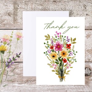Merci, design de bouquet de fleurs sauvages, intérieur vierge, 5 x 7 pouces carte de voeux imprimable (format US Letter) et enveloppe coordonnée