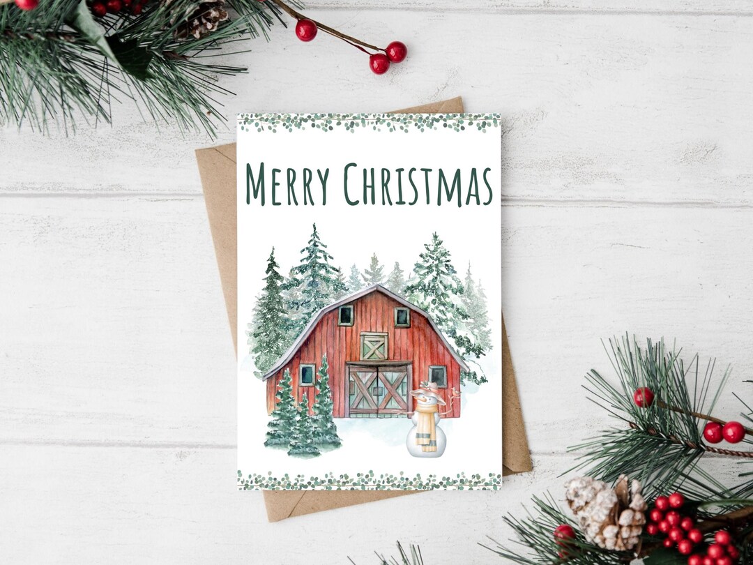 Merry Christmas, Rustic Barn, Printable 5 X 7 Greeting Card With ...