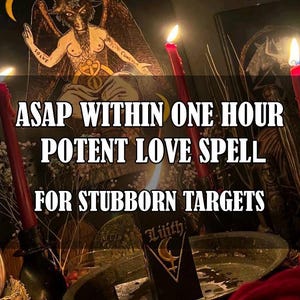 Op de afbeelding: Afbeelding met een Baphomet-illustratie, rode kaarsen en de tekst "ASAP WITHIN ONE HOUR POTENT LOVE SPELL FOR STUBBORN TARGETS". De scène heeft een mystiek, occult thema.