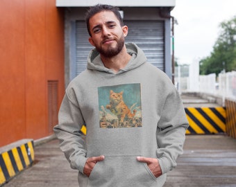 Sudadera Épica Felina Gato Naranja en la Ciudad, Sudadera Gato atacando una Ciudad, Sudadera Vintage Gato Naranja, Gato feroz en tu outfit