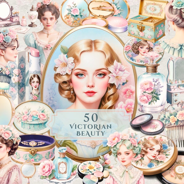 Victorian Era Beauty Clipart Collection | Victorian Lady | Vintage Cosmetics and Antique Objects | Vanity | Pastel Colors | Junk Journal