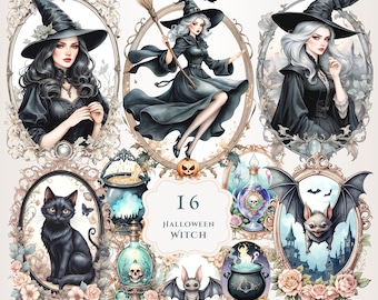 Paquete de imágenes prediseñadas de brujas / Imágenes prediseñadas de Halloween espeluznantes / Imágenes prediseñadas góticas / Ilustraciones / Imprimibles / Png transparente / Arte digital / Diario basura