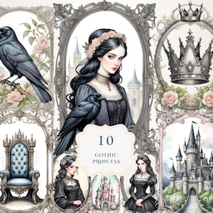 Gothic Princess Clipart Bundle | Gothic Illustrations | Gothic Castle | Fantasy Clipart | Fairytale Clipart | Printable | Transparent Png