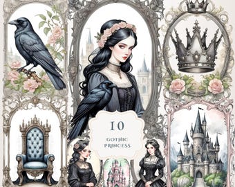 Gothic Princess Clipart Bundle | Gothic Illustrations | Gothic Castle | Fantasy Clipart | Fairytale Clipart | Printable | Transparent Png