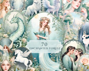 Raccolta clipart di bellissime illustrazioni in una foresta incantata con fate, elfi e creature magiche / Libro di fiabe / Diario spazzatura