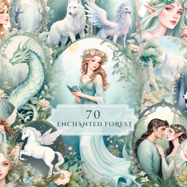 Clipart Collection of Beautiful Illustrations in an Enchanted Forest with Fairies, Elves and Magical Creatures | Story Book | Junk Journal