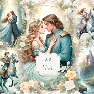 Sekretna Miłość Clipart | Piękne Romantyczne Ilustracje Vintage z Kochankami w Zaczarowanym Lesie | Księżniczka Historia Miłosna | Książka Bajkowa