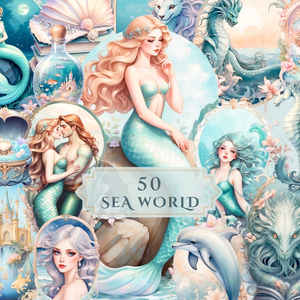 Sea World Clipart Collection with Mermaids and Creatures of the Sea | High Resolution | Transparent Background | Junk Journal | Story Book