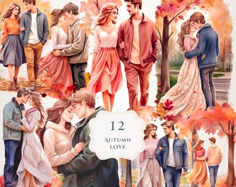 Autumn Romantic Couples Clipart Set | Lovers Clipart | Autumn Scenery | Fall Season | Watercolor | Transparent Png | Printable | Digital Art