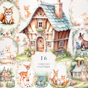Pacchetto di clipart di cottage da favola d'epoca / Clipart di boschi / Clipart di animali carini / Clipart di acquerelli / PNG trasparenti / Artigianato digitale