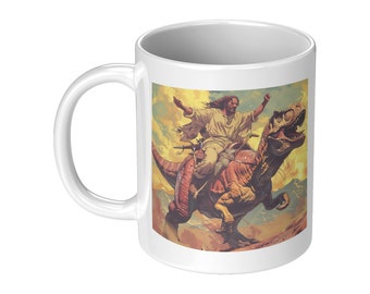 Funny Gift Mug for Him or Her Jesus Riding a T-Rex 11 oz Ceramic Coffee Mug