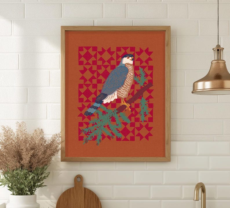 Quilted Sharpshin Hawk Art Print: Mid-century Hawk Bird Decor, Giclee ...