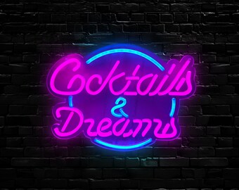 Neon Bar Sign Cocktails & Dreams Man Cave She Shed Home Tikki UK 3 Pin Plug Plus Dimmer Switch