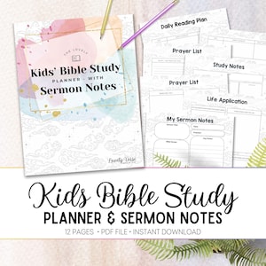 May include: A Kids' Bible Study Planner with Sermon Notes. The planner features a watercolor design with gold accents and includes pages for daily reading plans, prayer lists, study notes, and sermon notes. The text on the planner reads "Kids' Bible Study Planner & Sermon Notes".