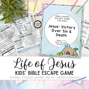 May include: A colorful printable Bible-based escape game for kids, titled "Life of Jesus: Kids' Bible Escape Game". The game features 22 pages, 9 puzzles, and is a no-prep PDF file for instant download. The cover image shows a cartoon illustration of a tomb with a cross and a hill in the background.