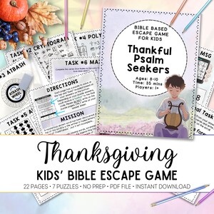 Può includere: Un gioco di fuga biblico per bambini a tema Ringraziamento, intitolato "Thankful Psalm Seekers". Il gioco include enigmi, istruzioni e una missione. La copertina presenta un'illustrazione di un bambino che suona l'arpa. Per bambini dagli 8 ai 10 anni, dura 35 minuti.