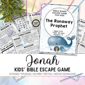 May include: A printable Bible-based escape game for children, featuring a colourful illustration of Jonah and a whale. The game is titled "The Runaway Prophet" and is designed for ages 8-10. The text "Jonah Kids' Bible Escape Game" is displayed at the bottom of the image.
