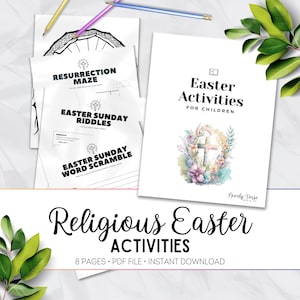 Könnte beinhalten: Ein druckbares Paket mit religiösen Osteraktivitäten für Kinder. Das Paket enthält ein Auferstehungslabyrinth, Oster-Sonntagsrätsel und ein Oster-Sonntagswortsuchspiel. Das Cover zeigt eine Aquarellillustration eines Kreuzes, das von Blumen umgeben ist.