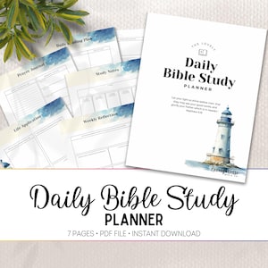 May include: A printable daily Bible study planner featuring a watercolour lighthouse illustration. The planner includes sections for prayer journal, daily reading plan, study notes, life application, and weekly reflection. The text "Let your light so shine before men, that they may see your good works, and glorify your Father which is in heaven" Matthew 5:16 is included. The planner is available as a 7-page PDF file for instant download.