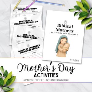 Könnte beinhalten: Eine Sammlung von Muttertagsaktivitäten für Kinder, darunter Arbeitsblätter und ein Heft. Das Heft zeigt eine Illustration einer Mutter und eines Kindes. Der Text enthält "Biblical Mothers" und "Mother's Day Activities".