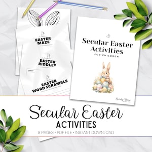 Könnte beinhalten: Druckbare weltliche Osteraktivitäten für Kinder. Das druckbare Paket enthält ein Labyrinth, Rätsel und ein Wort-Scramble. Das Cover zeigt eine Aquarell-Illustration eines Hasen, der Ostereier hält.