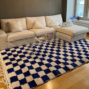 Checkered rug blue wool berber handmade checkerboard rug hand knotted checks carpet for livingroom