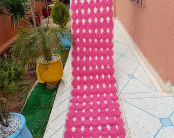 Handmade Pink Moroccan Wool Rug Runner: Berber Hallway Carpet  custom size